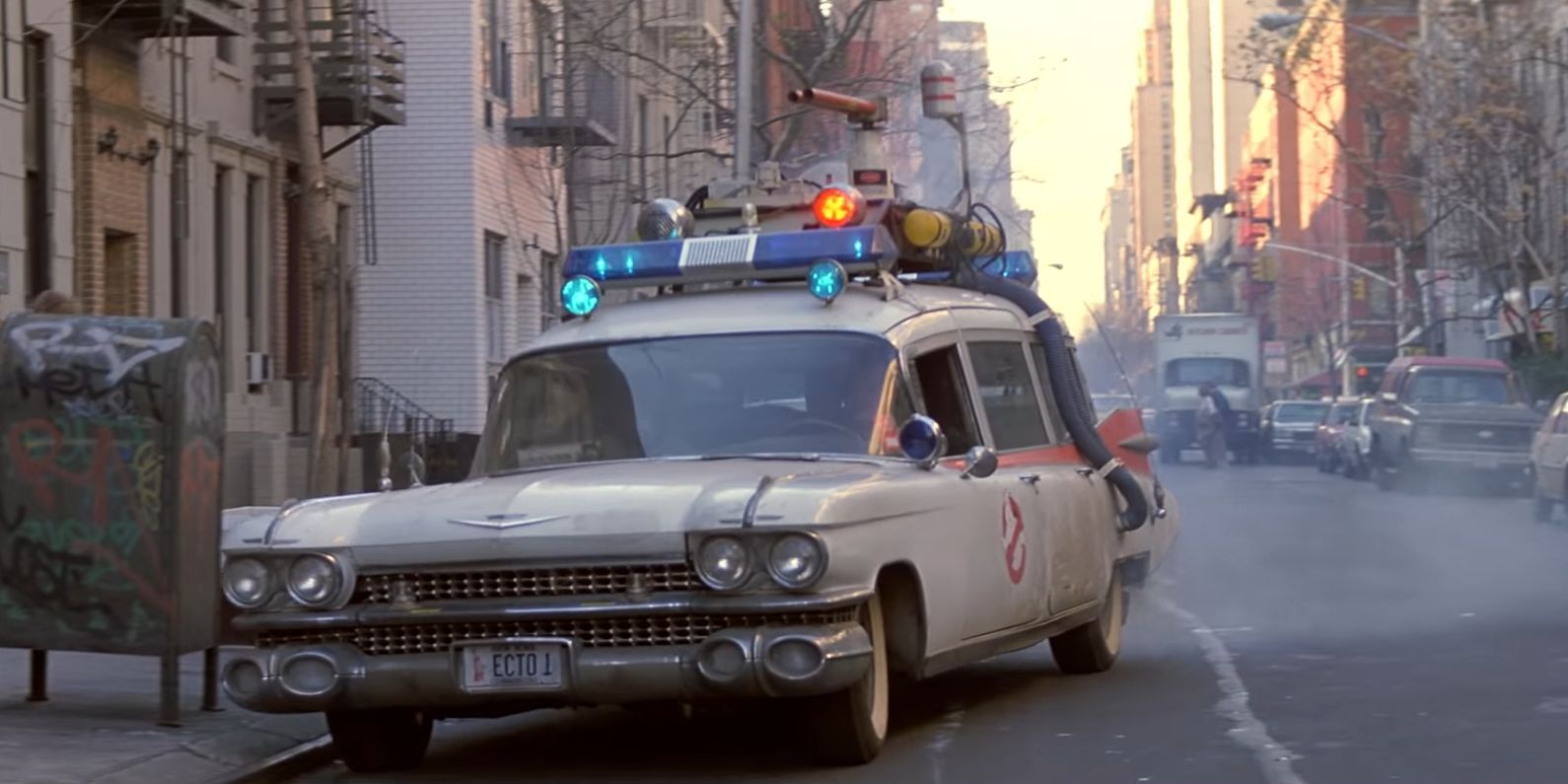 Ecto-1 smoking up out of the tailpipes in Ghostbusters II