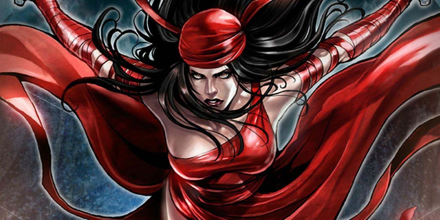 Elektra in her iconic scarlet red costume in Marvel comic book art