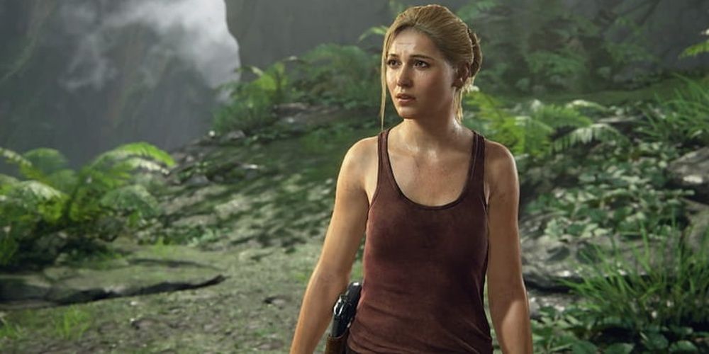 Elena Fisher looks worried in a jungle in Uncharted 4