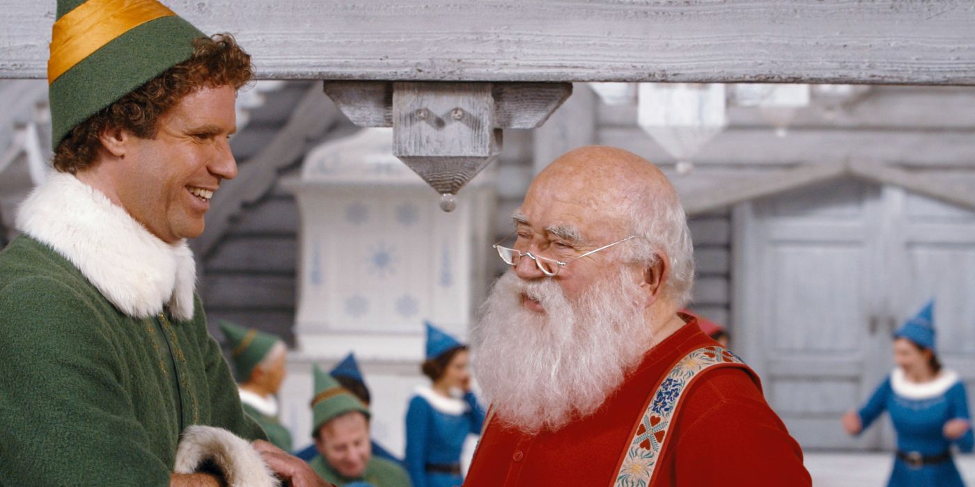 Buddy the Elf talking to Santa Claus.