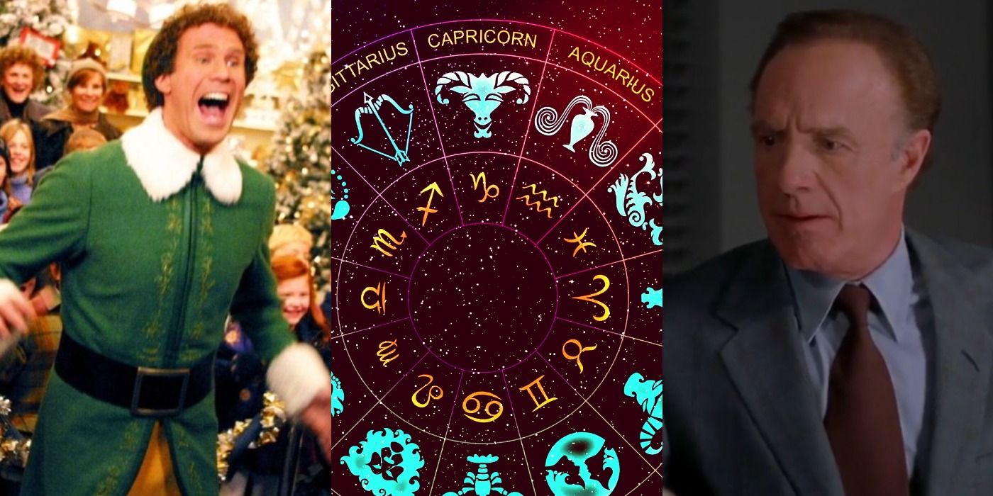 A split image depicts Buddy the Elf, a zodiac wheel, and Walter Hobbs in Elf