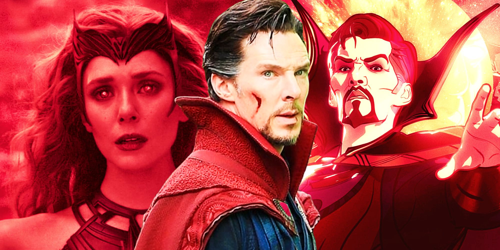 Elizabeth Olsen as Wanda Maximoff aka Scarlet Witch in WandaVision and Benedict Cumberbatch as Doctor Strange in Multiverse of Madness and What If