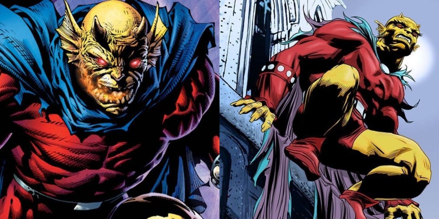 Split image of Jason Blood in his Etrigan form and perched on a building