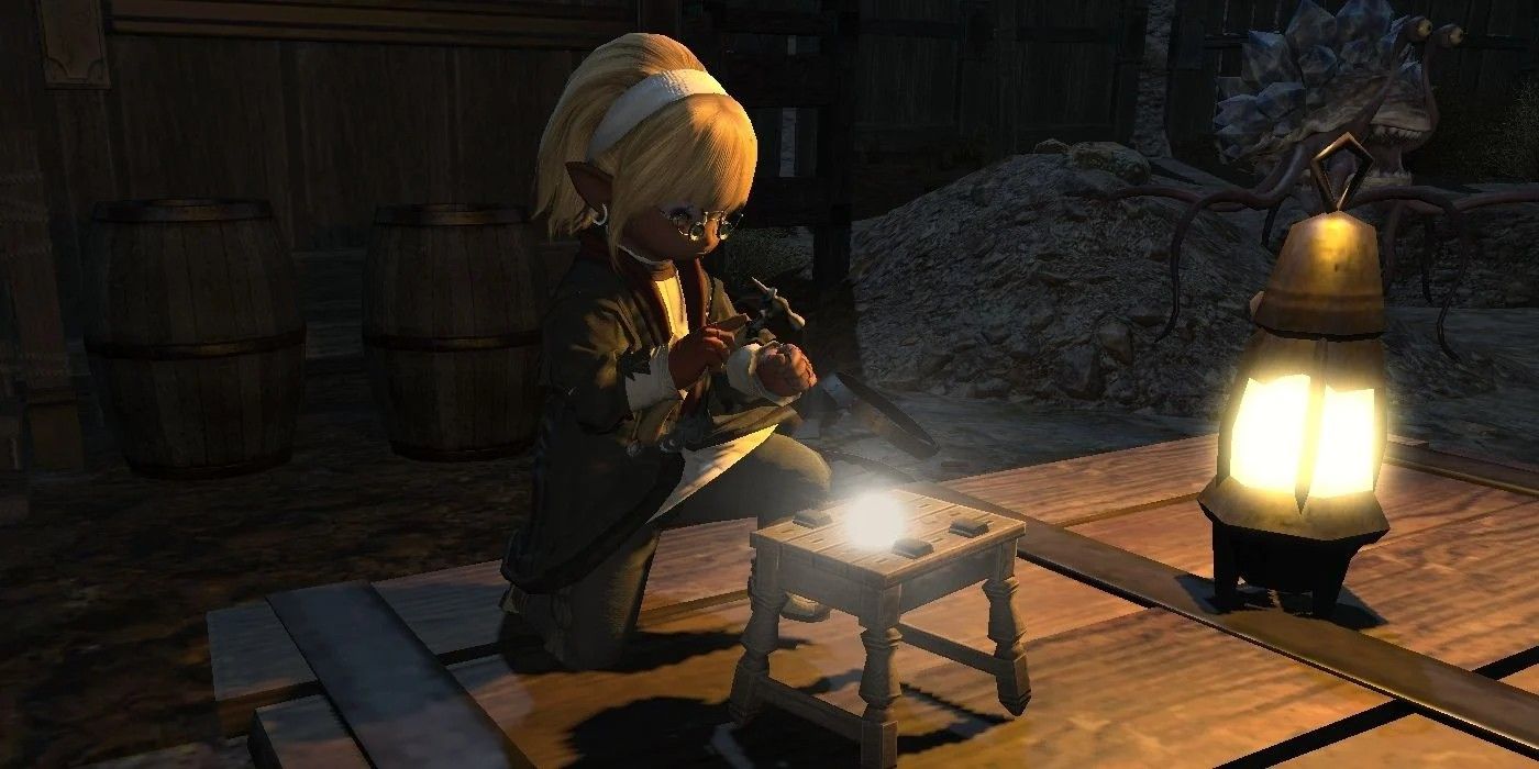 A character crafts in Final Fantasy 14 to level up Disciples of the Hand