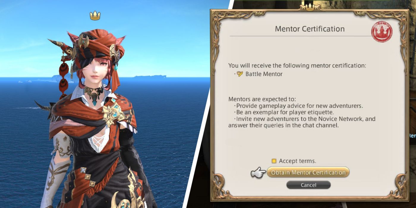 A character in FFXIV with a Mentor icon over their head next to an image of a Mentor Certification
