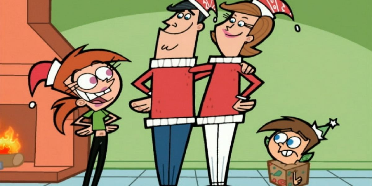 Timmy's parents greeting Vicky while Timmy is stuck in a fruit cake in Fairly Oddparents