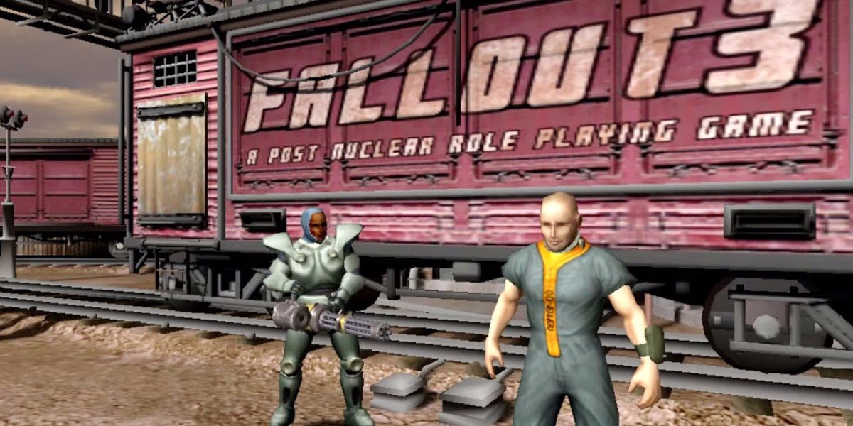 Figures stand in front of a train car that says Fallout 3 from Fallout Van Buren
