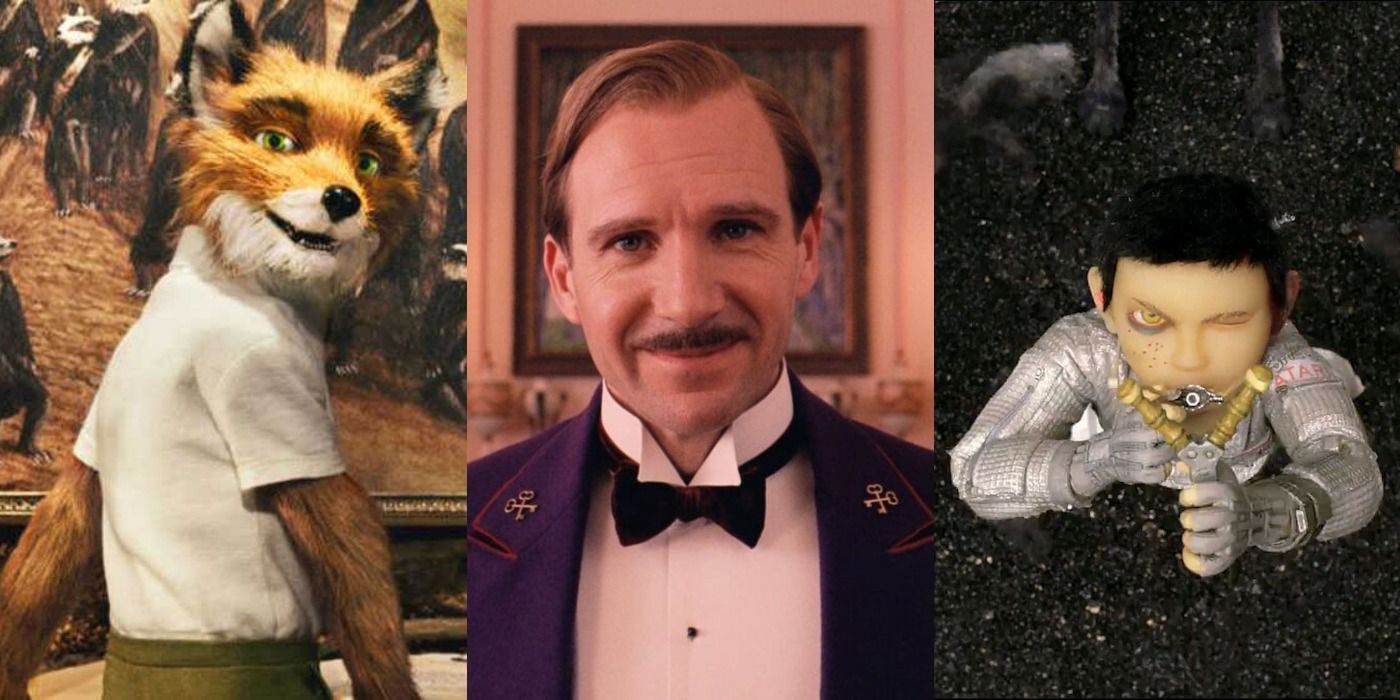 split image of screencaps from Wes Anderson's Fantastic Mr. Fox, the Grand Budapest Hotel and Isle of Dogs