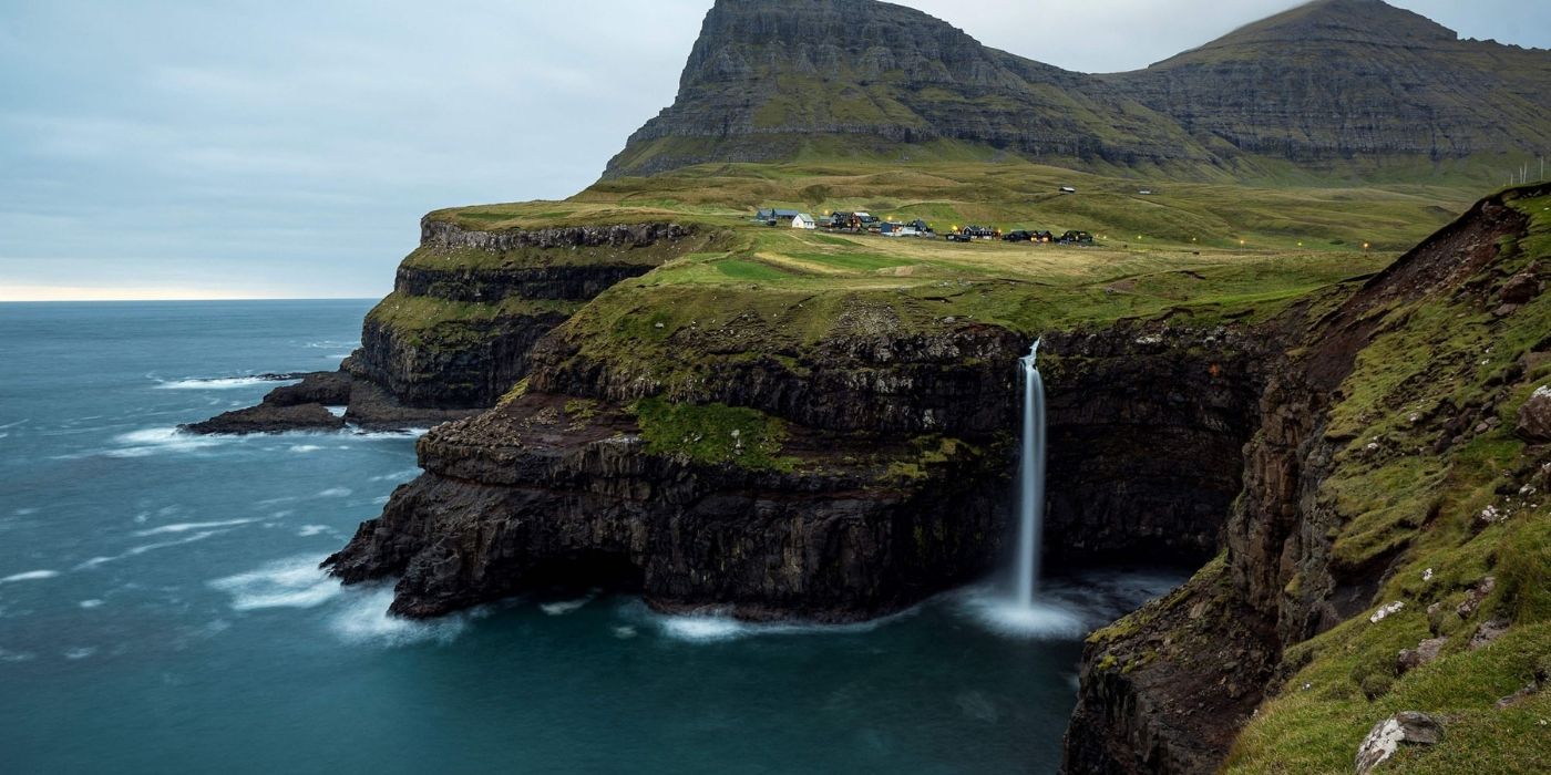 A shot of a waterfall in Faroe Islands