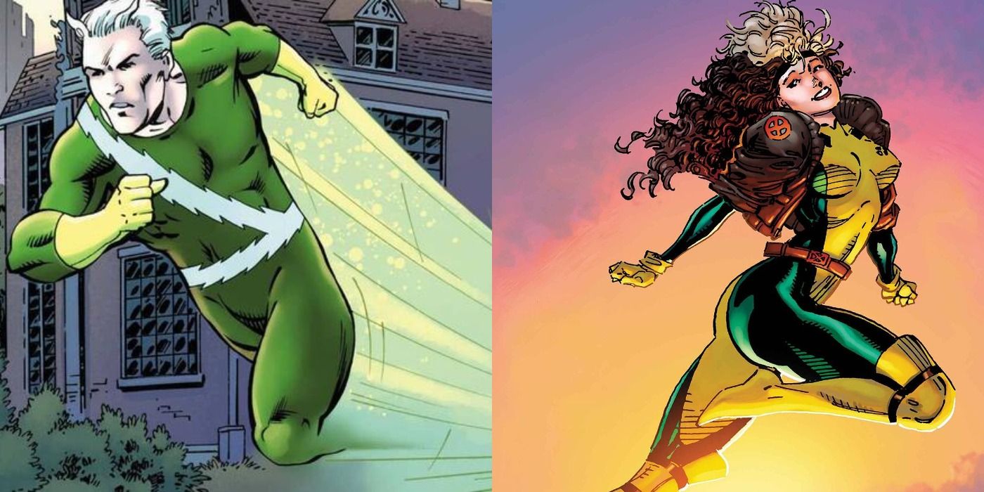 Split image of Quicksilver running and Rogue flying in Marvel Comics.