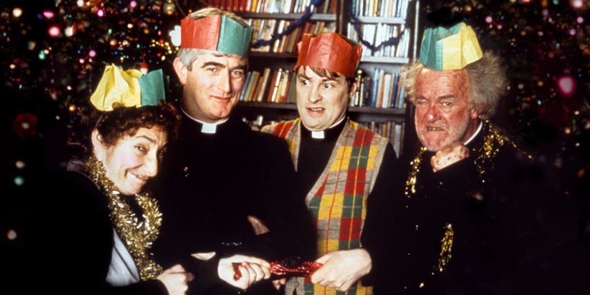 The Priests wearing Christmas crowns from Father Ted 