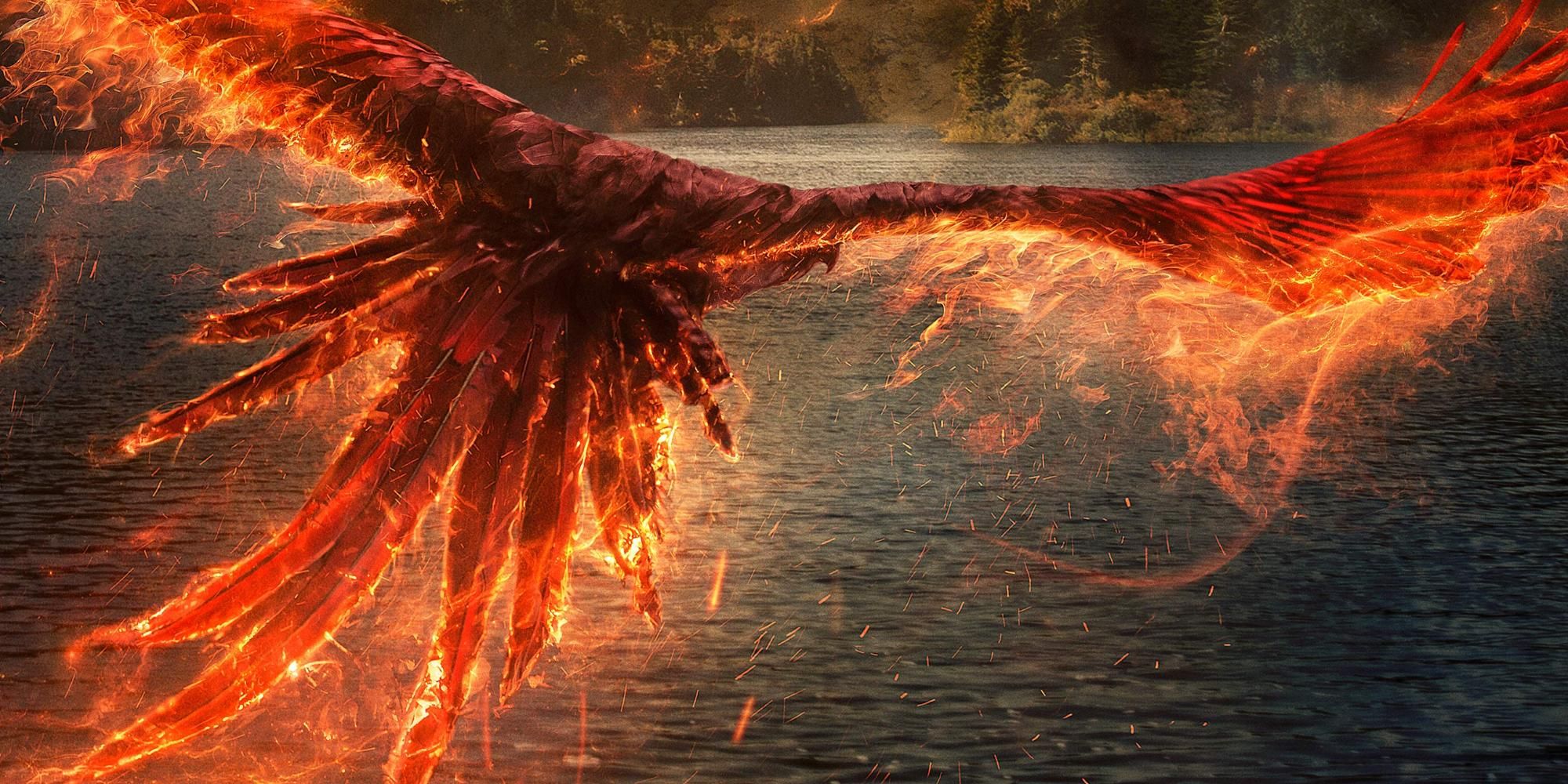 Fawkesflying across a lake on fire in Fantastic Beasts Secrets of Dumbledore Poster