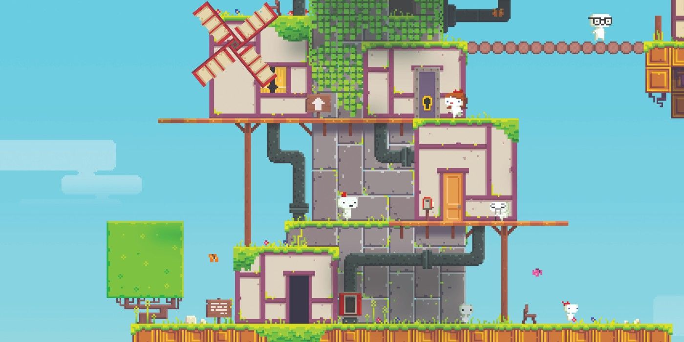 Players play through a level of Fez
