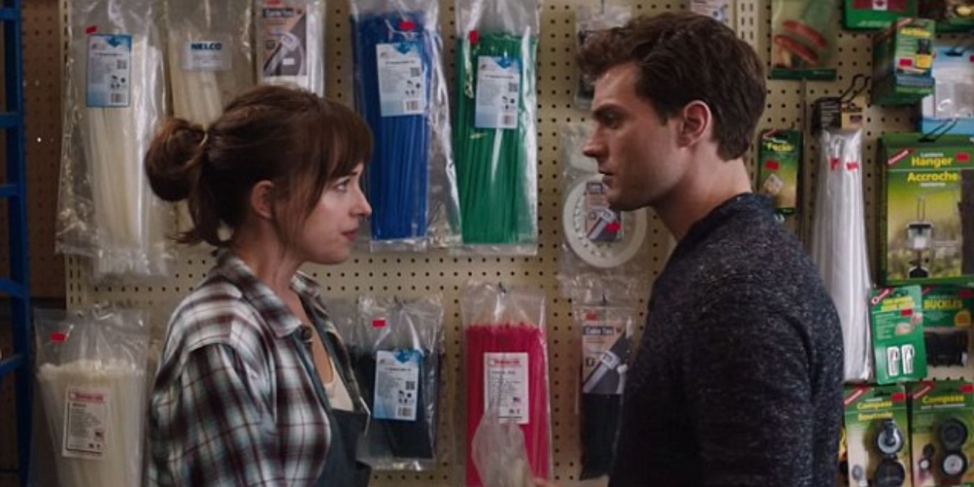 Christian and Ana at the hardware stone in Fifty Shades of Grey