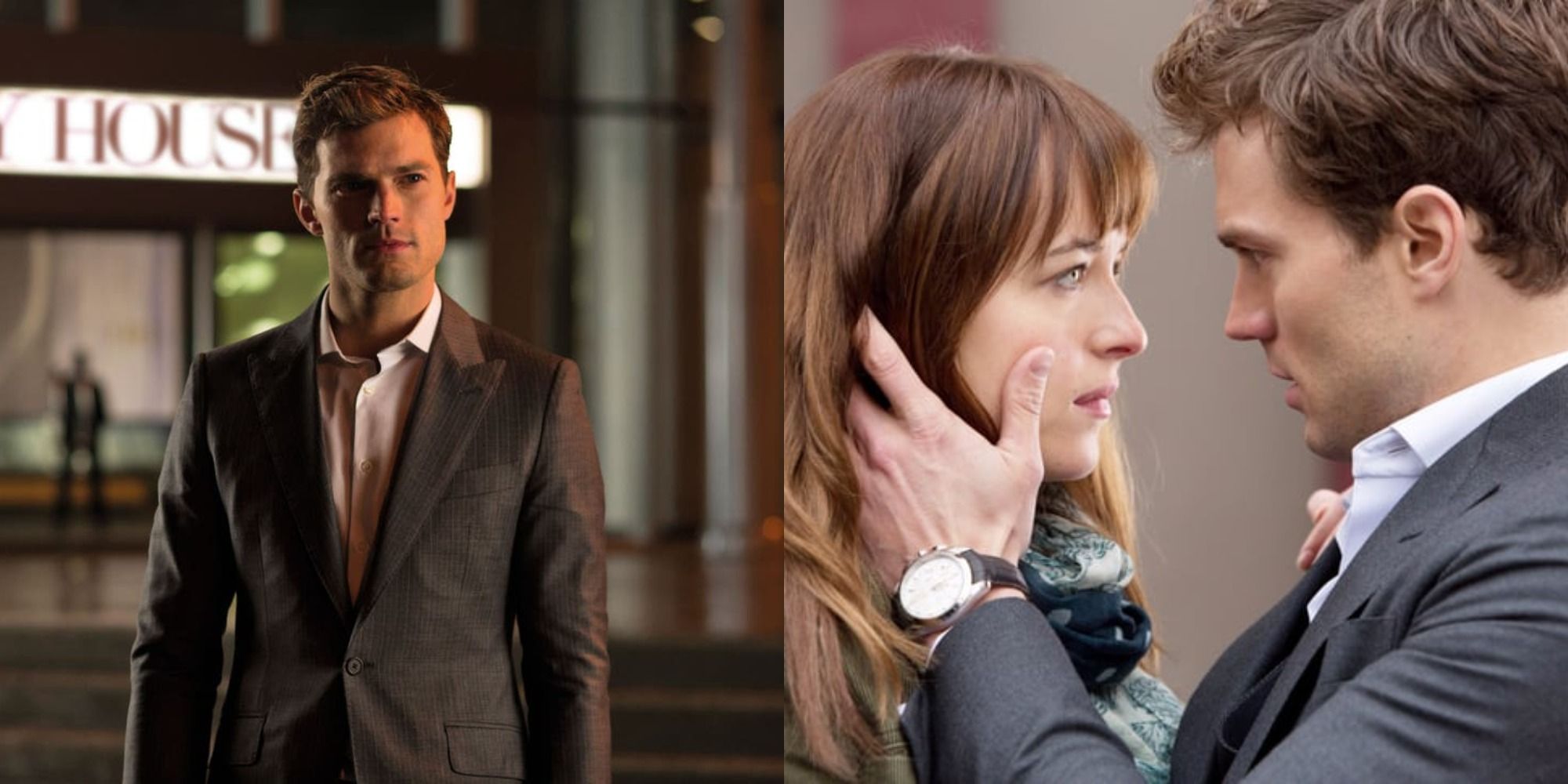 Split image showing Christian Grey alone and with Ana in the Fifty Shades franchise