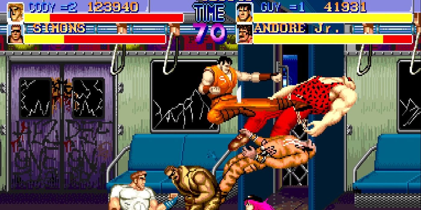 Two players brawling through Final Fight