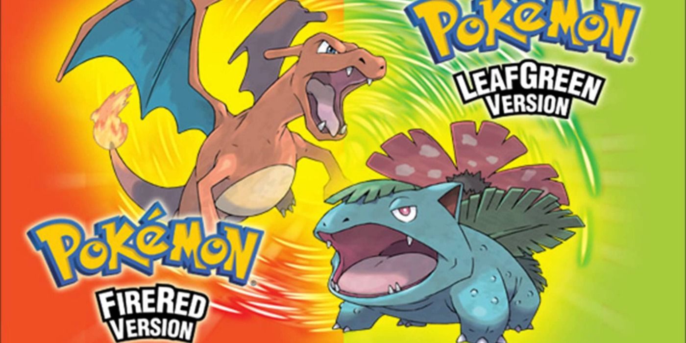 A roaring Charizard and Venusaur on a swirling red and green background for Pokémon FireRed and LeafGreen promo art.