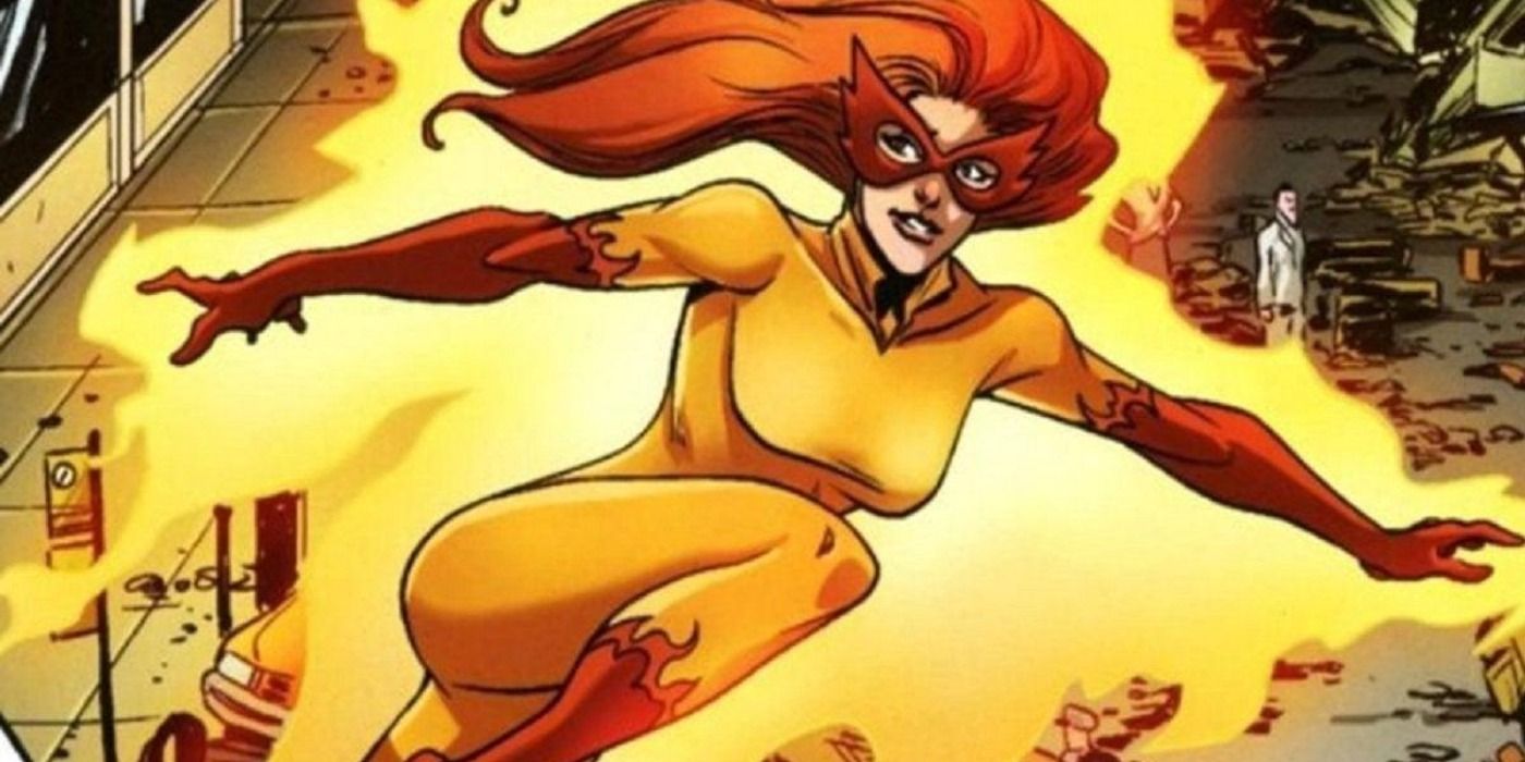 Firestar in her suit using her fire-based powers to fly