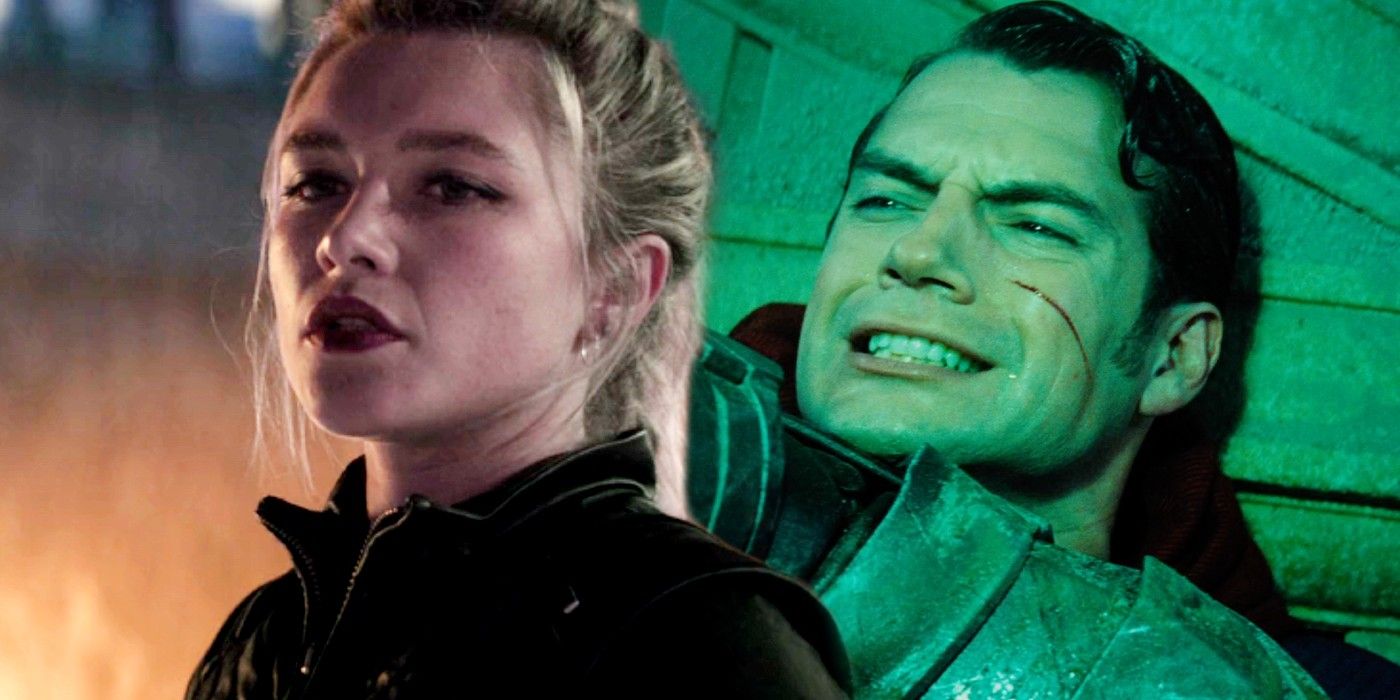 Florence Pugh as Yelena in Hawkeye and Henry Cavill as Superman Clark Kent in Batman v Superman