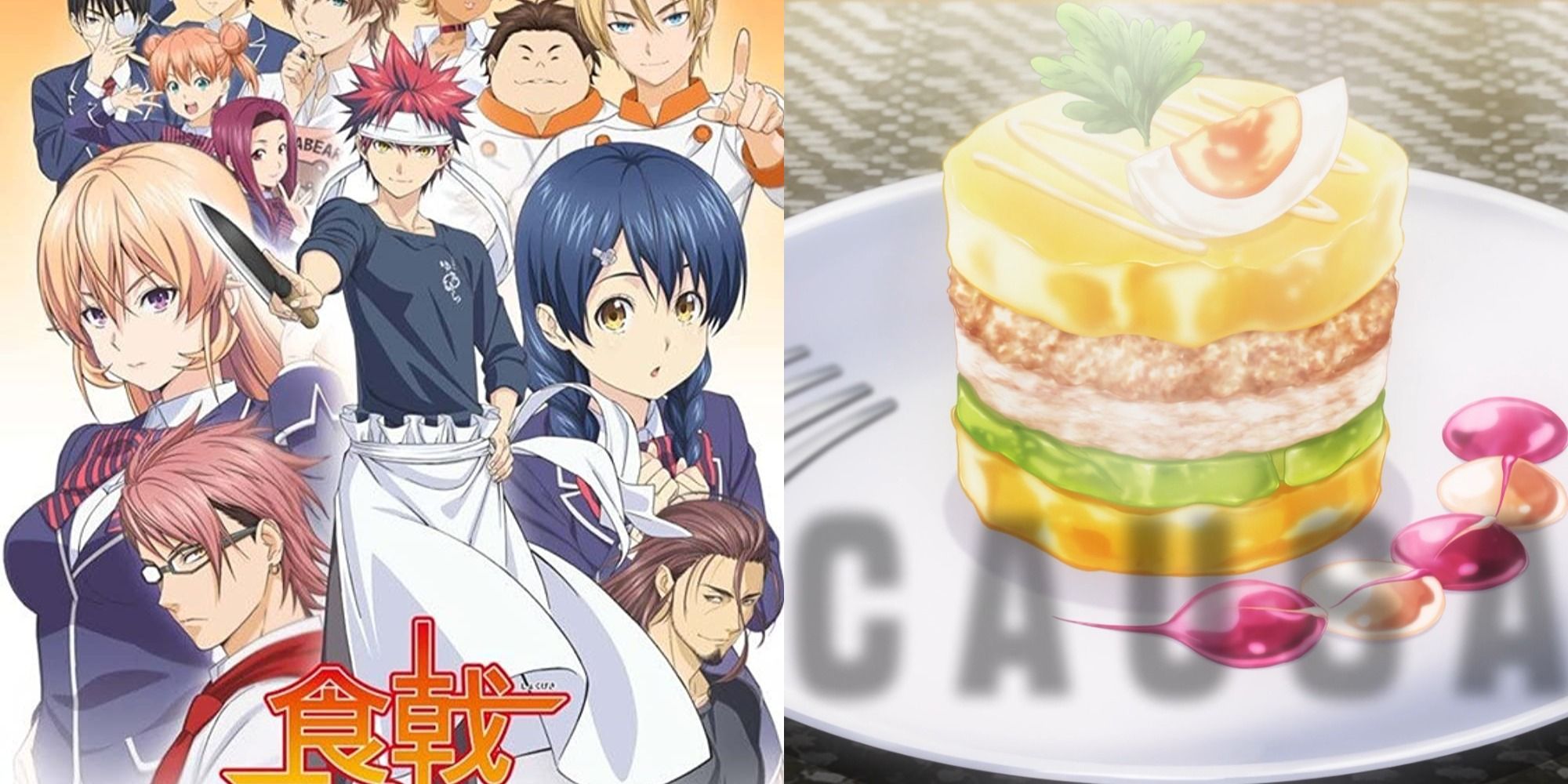 Split image showing the main characters from Food Wars! and a dessert