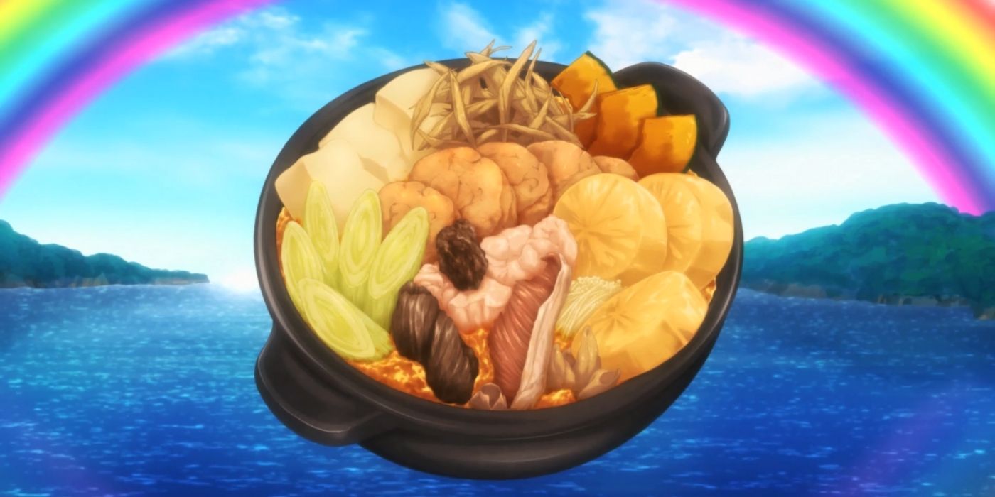 A dish of Monkfish Dobu Jiru Curry against a background with a rainbow in Food Wars!