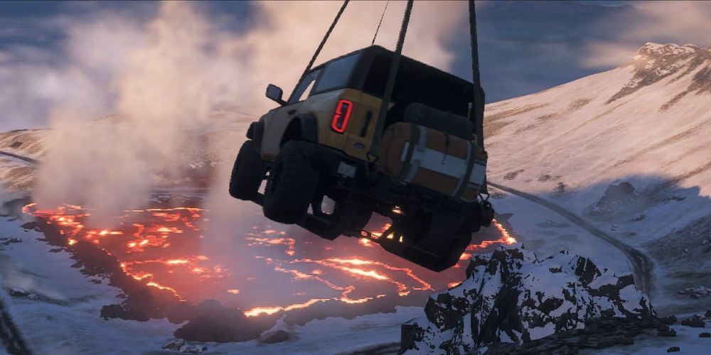 A Bronco is dropped into the volcano in Forza Horizon 5