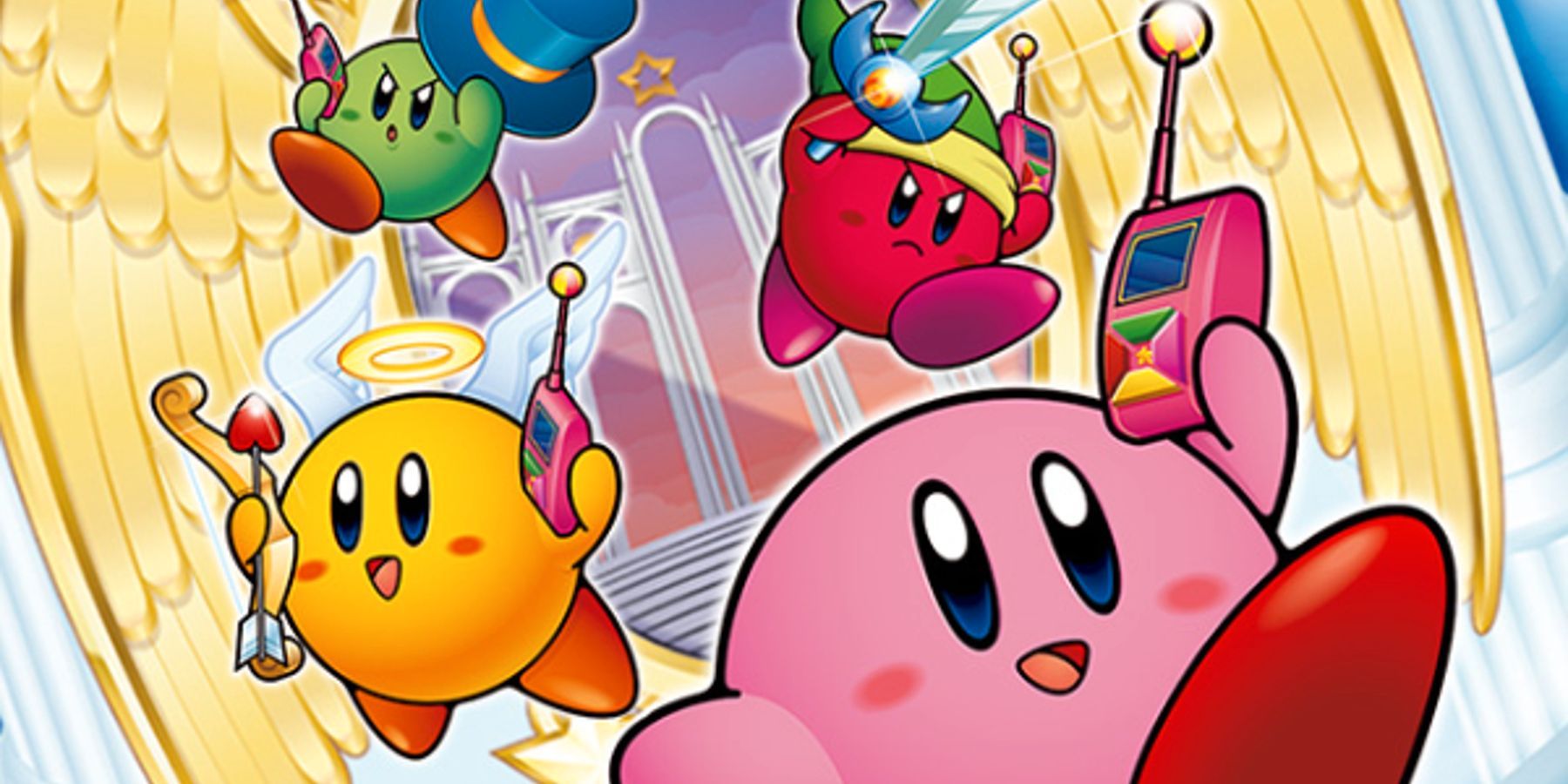 Four Kirbys leaping into action in cover artwork for Kirby And The Amazing Mirror