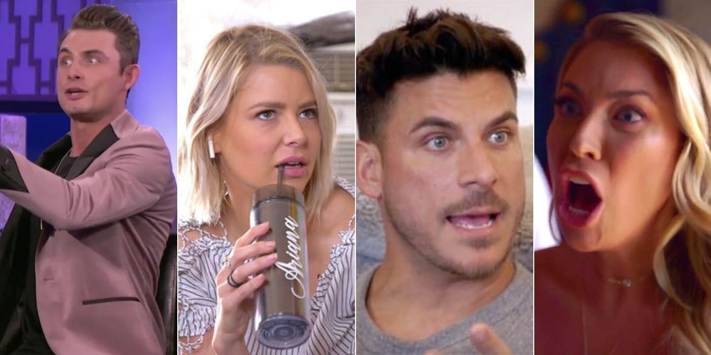 Four split images of the cast mates of Vanderpump Rules arguing with each other