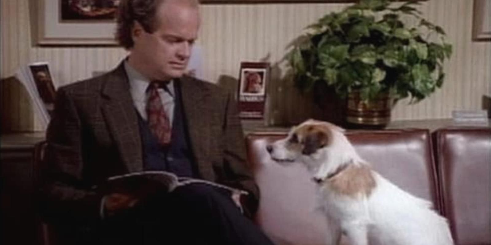 Frasier Crane and Eddie Crane stare at each other in Frasier