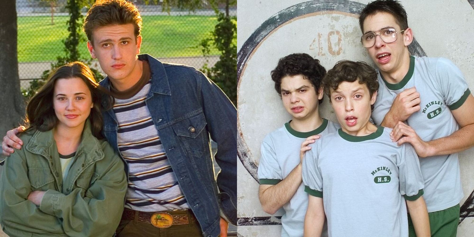 Split image showing Lindsay and Nick, and Neal, Sam, and Bill in Freaks and Geeks