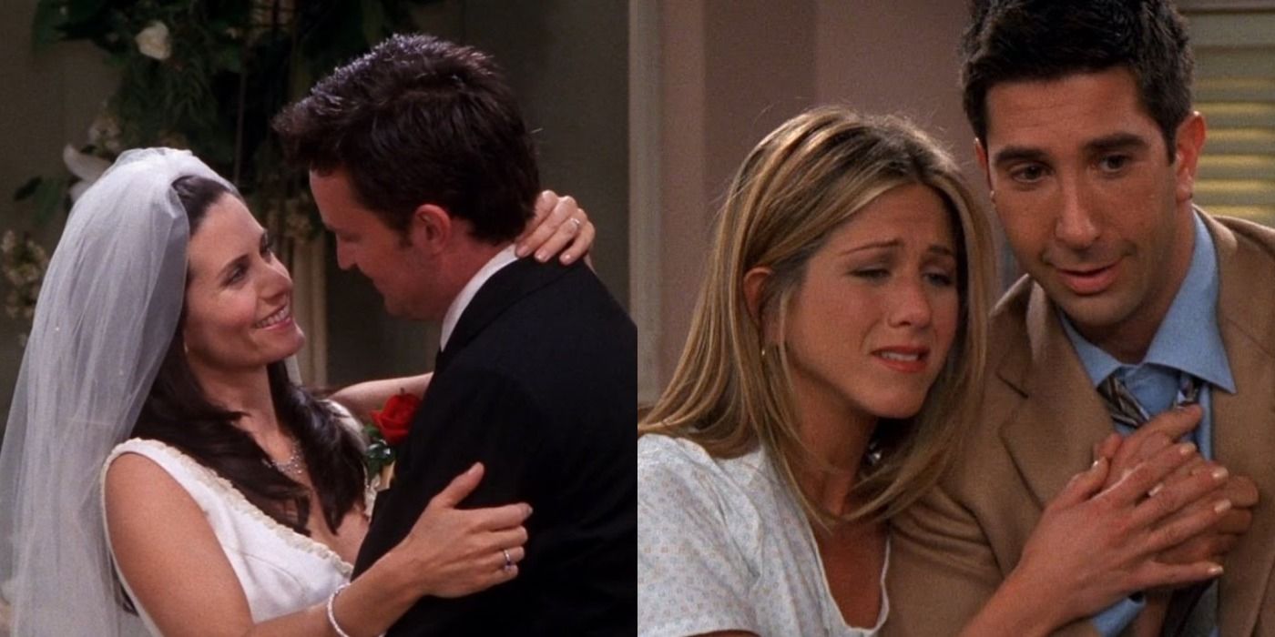 Monica and Chandler dance together and Rachel and Ross embrace in Friends
