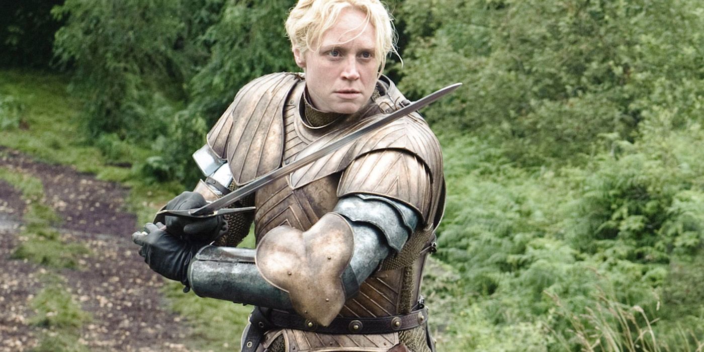 Brienne of Tarth holding a sword in Game of Thrones