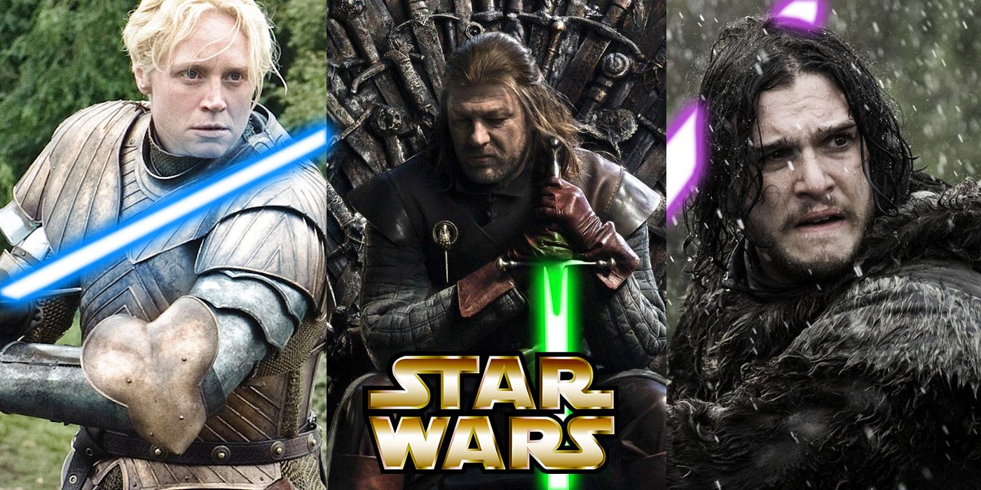 Split image of Brienne, Ned Stark and Jon Snow from Game of Thrones