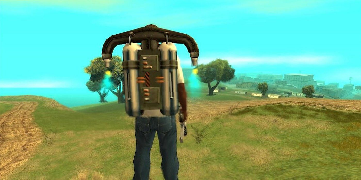 CJ draagt ​​een jetpack en gebruikt deze om over het platteland van GTA: San Andreas te vliegen.