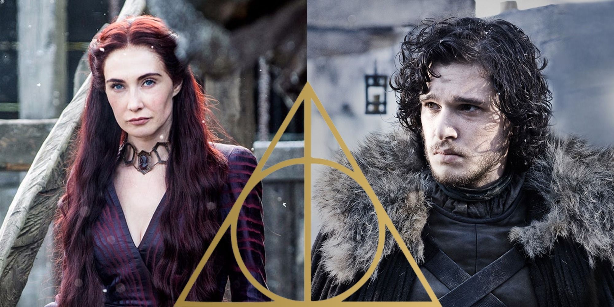 Split image showing Melisandre and Jon in GOT, and the Deathly Hallows symbol from HP