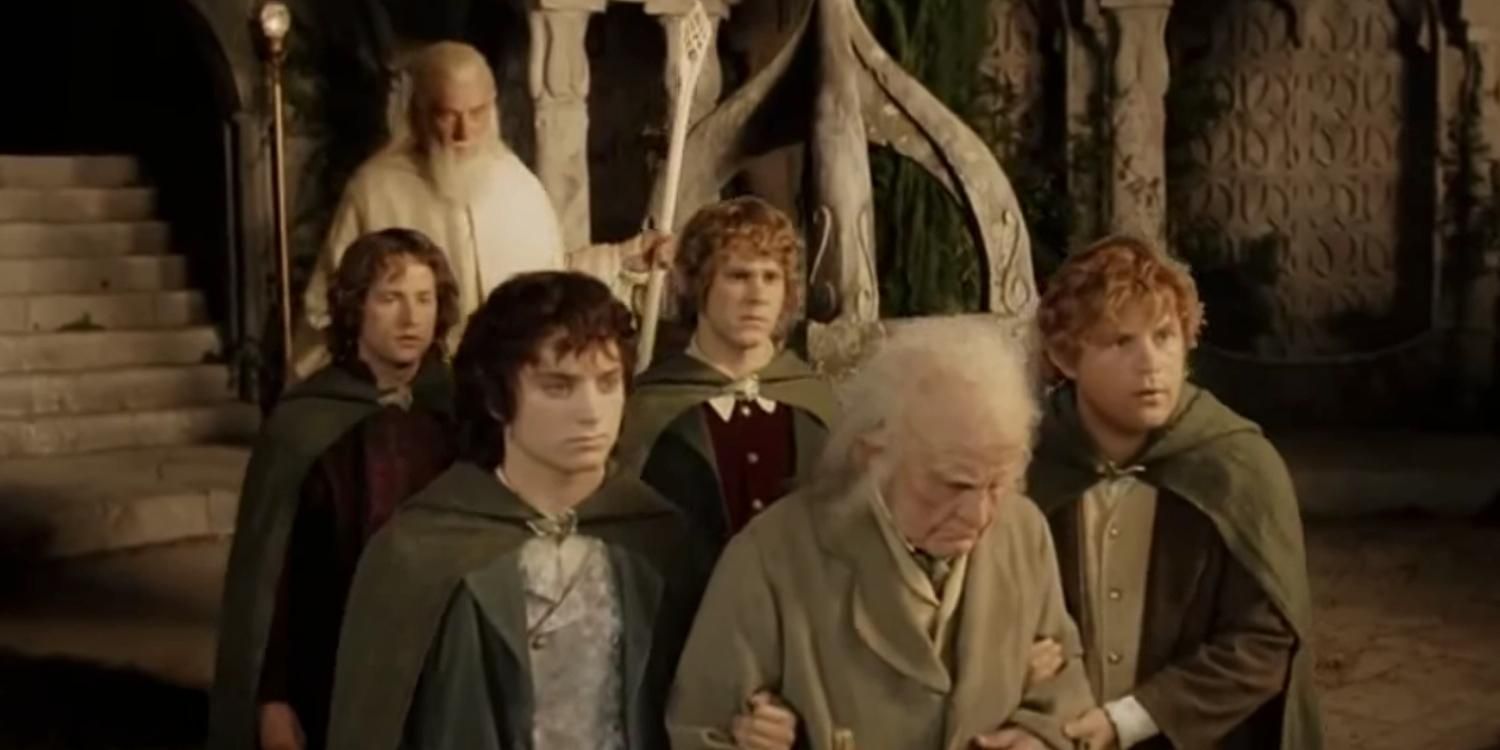 Gandalf and the hobbits escort Bilbo at the Grey Havens