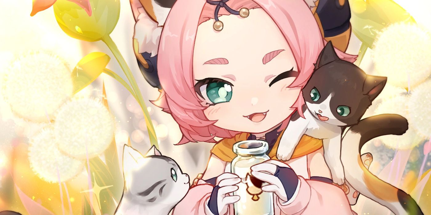 Illustration of pink-haired Genshin Impact character Diona surrounded by cats.