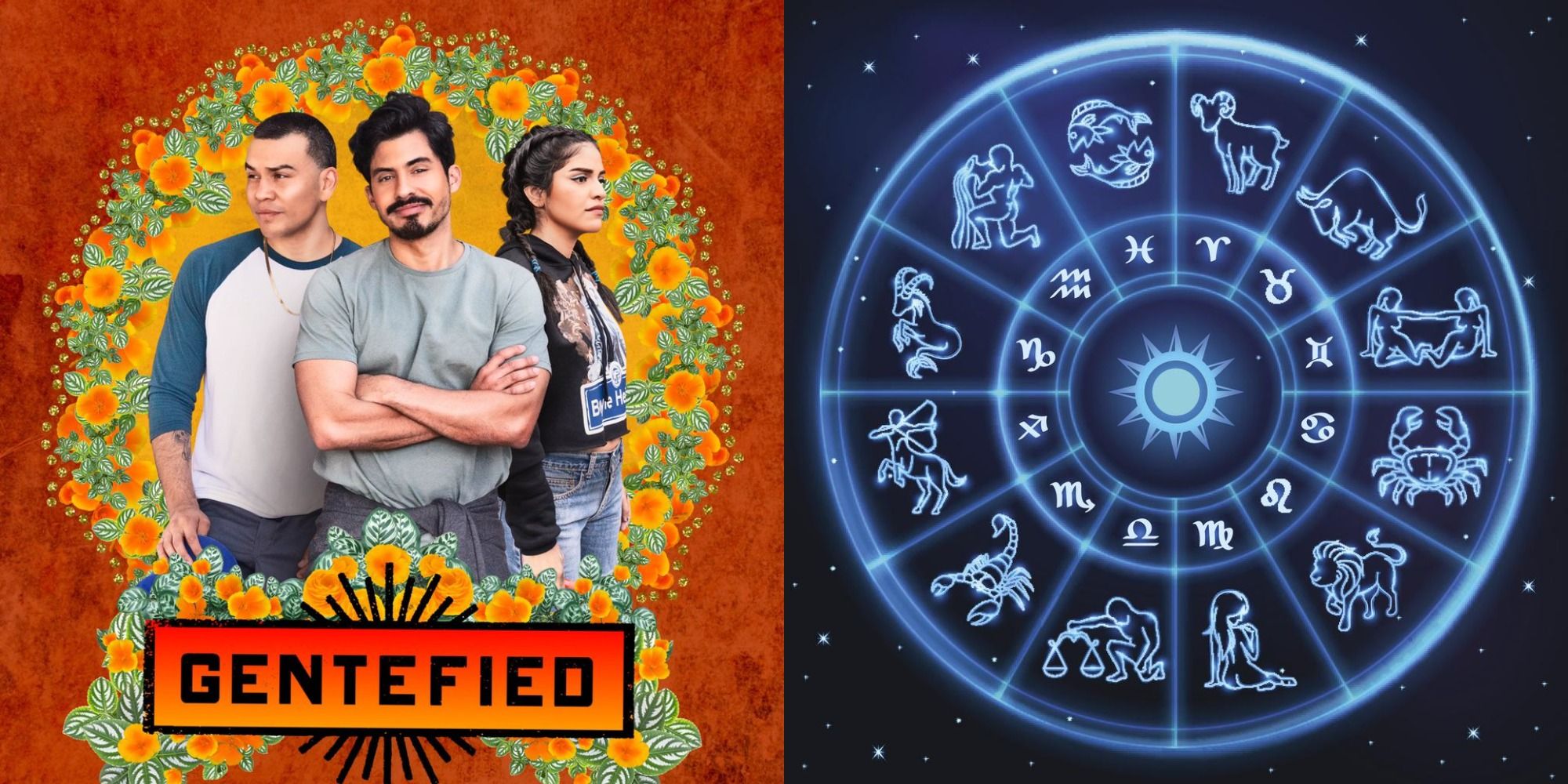 Split image showing the poster for Gentefied and a zodiac wheel