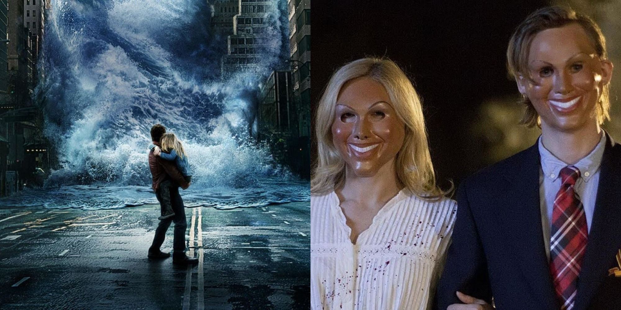 Split image of a man braving a tidal wide wave in Geostorm and two people wearing masks in The Purge