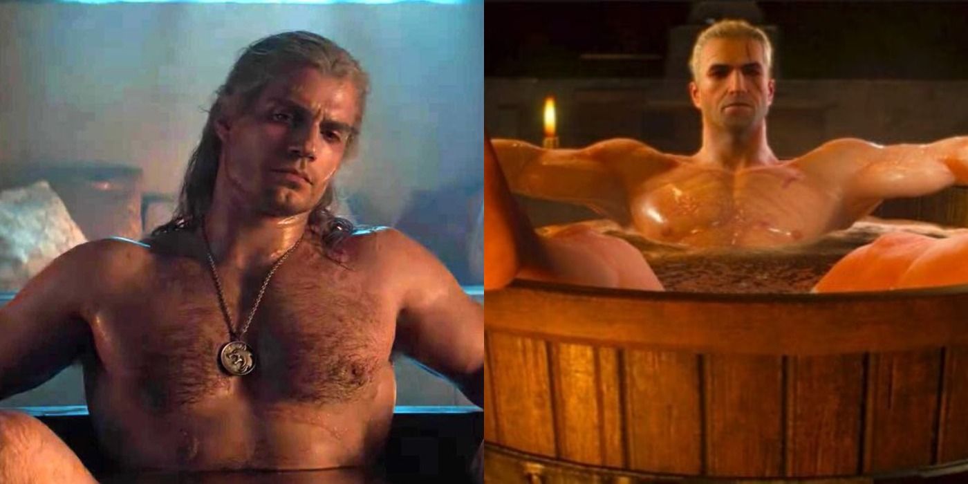 Split image of Geralt in a bathtub in the Netflix adaptation and in The Witcher 3
