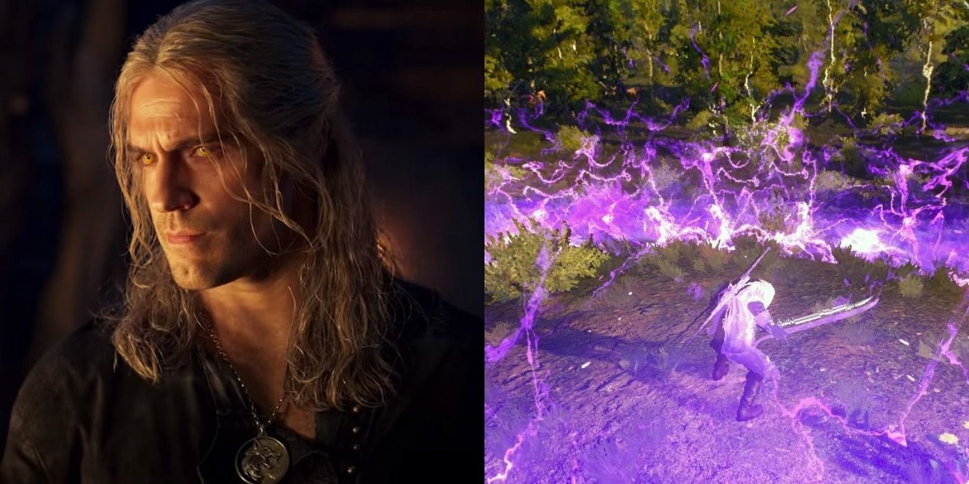 An alert-looking Geralt in season 2 and Geralt casting a wide purple Yrden blast in The Witcher 3