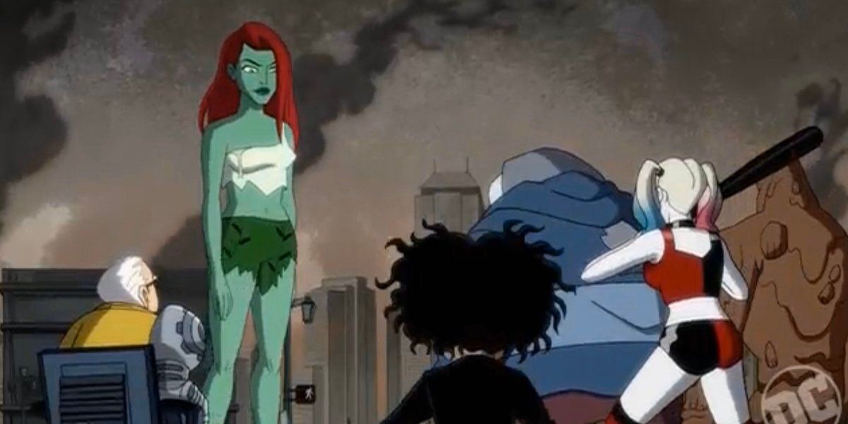 Giant Poison Ivy standing over Harley Quinn