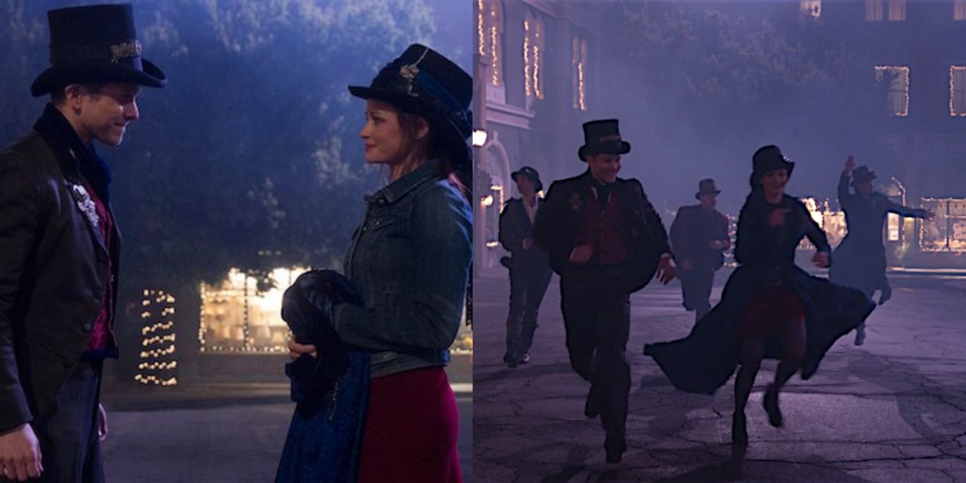 Split image of the Life and Death Brigade musical scene outside in Gilmore Girls: A Year In The Life