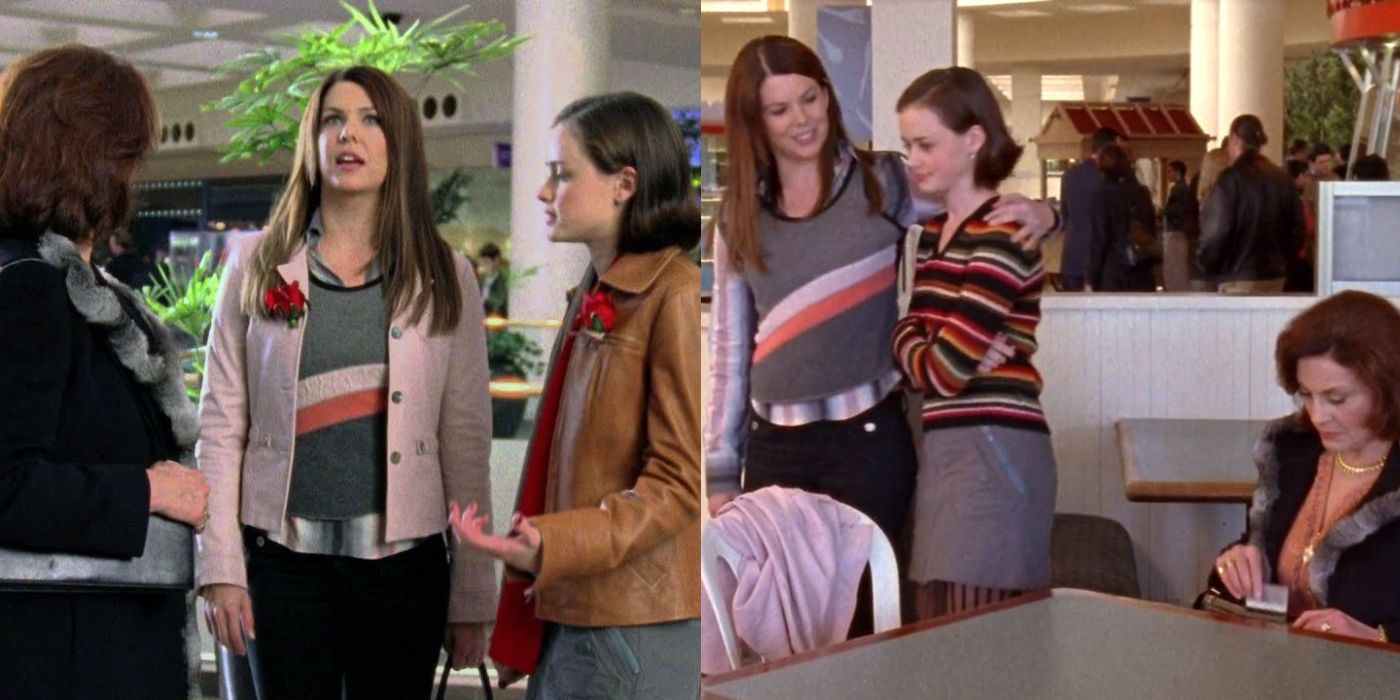 Split image of Emily, Lorelai, and Rory at the mall on Gilmore Girls