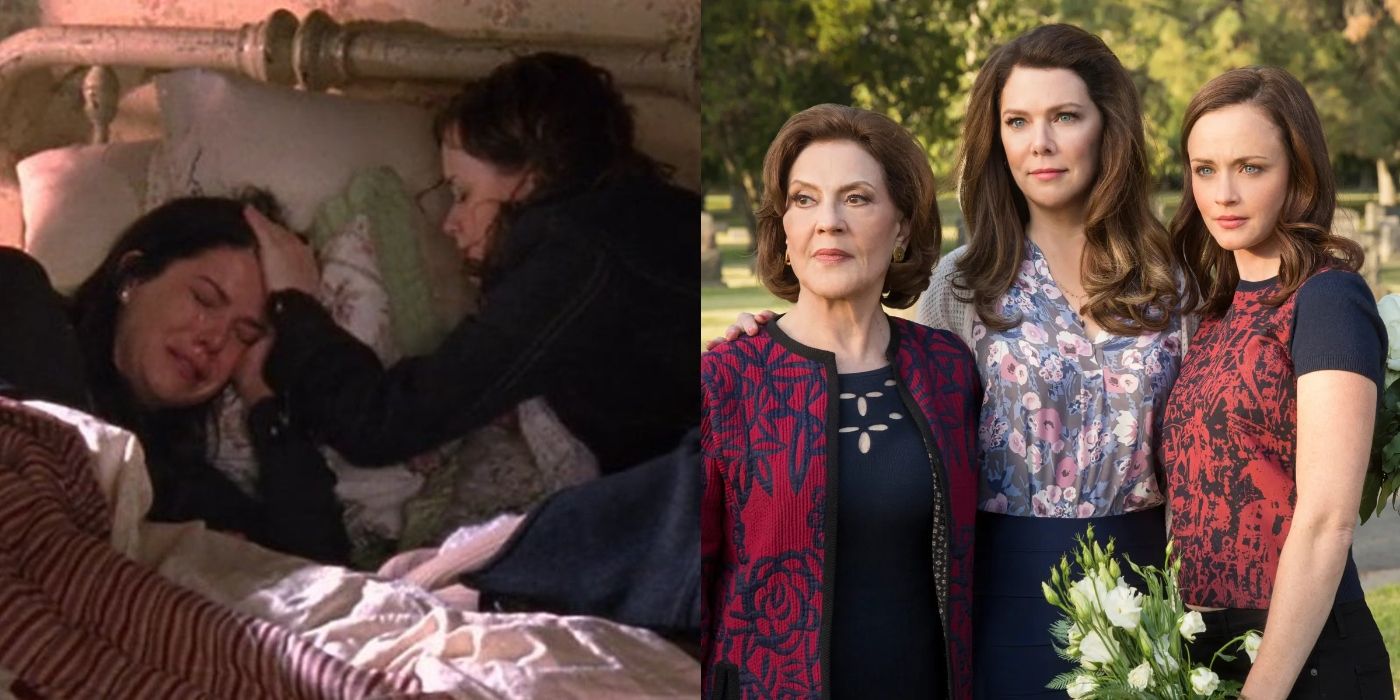 Split image of Lorelai crying and Emily, Lorelai, and Rory at Richard's funeral on Gilmore Girls