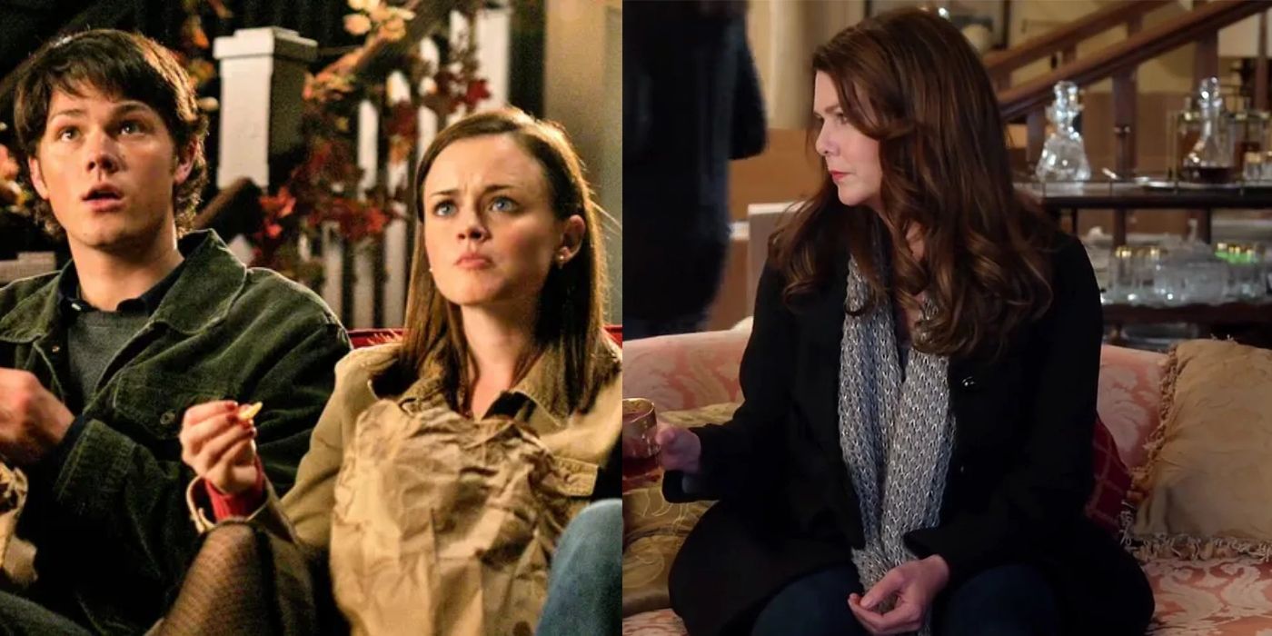 Split image of Dean and Rory at the movies and Lorelai looking sad on Gilmore Girls