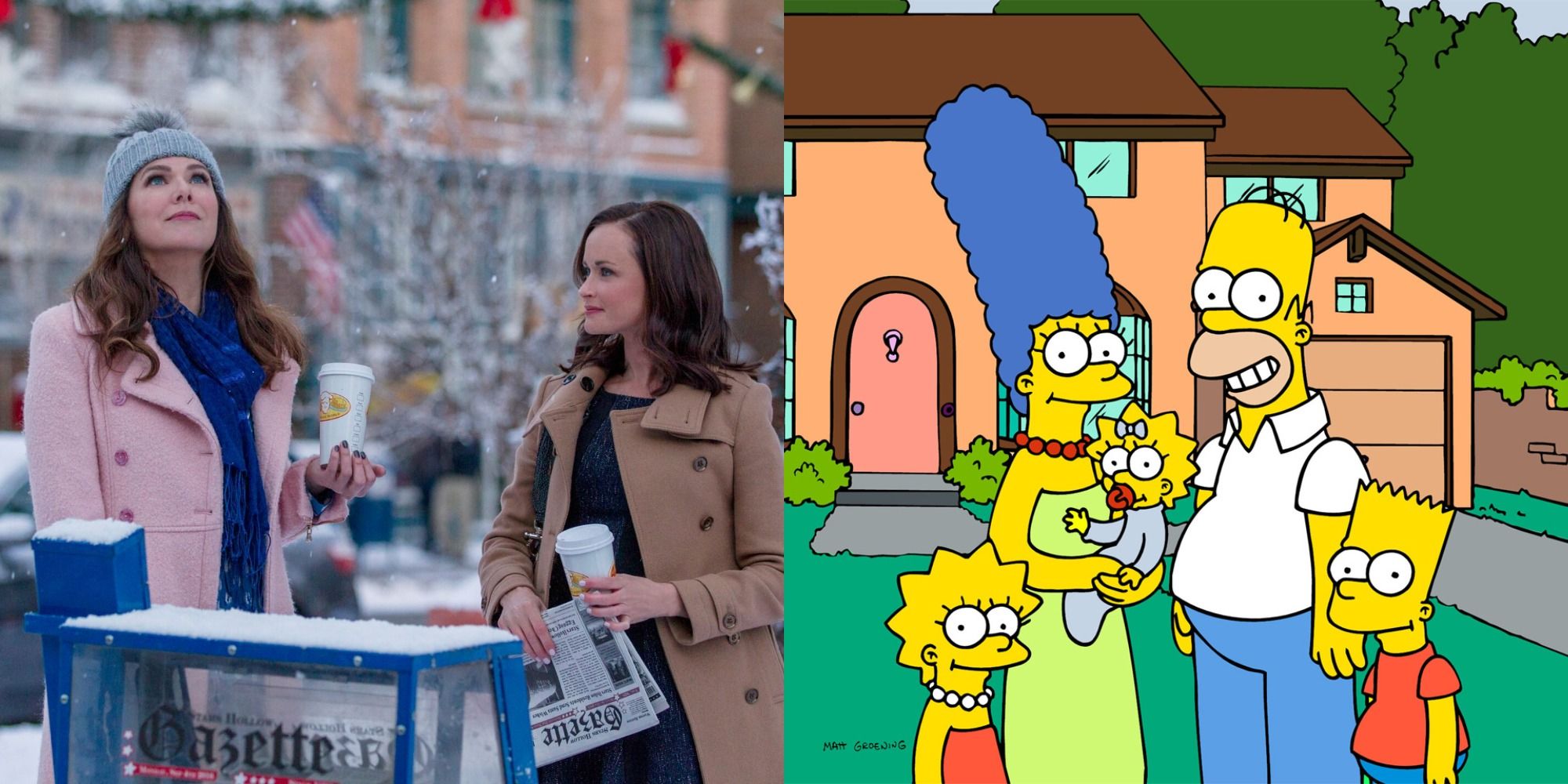 Split image showing Lorelai and Rory in Gilmore Girls and the Simpson family