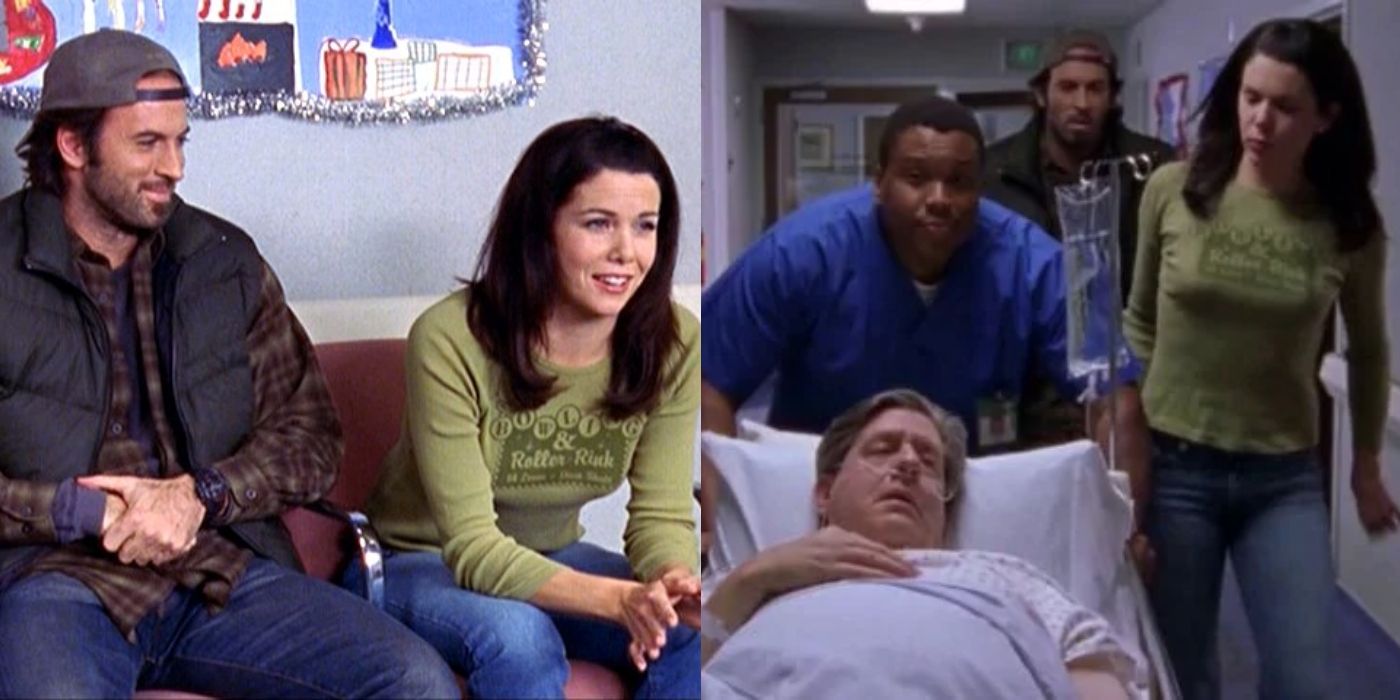 Split image of Luke and Lorelai and Richard at the hospital on Gilmore Girls