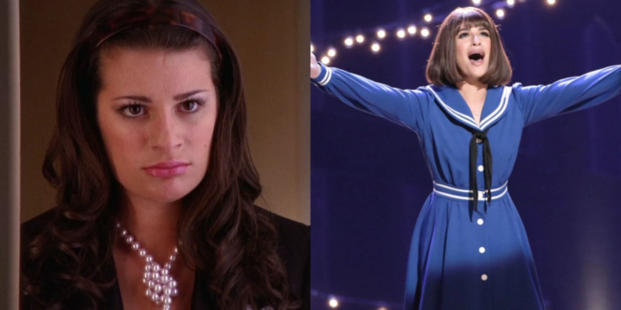 Split image showing Rachel Berry angry and as Fanny Brice on Broadway in Glee