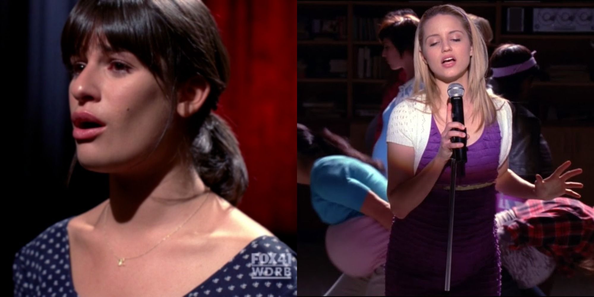 Split image showing Rachel and Quinn singing in Glee